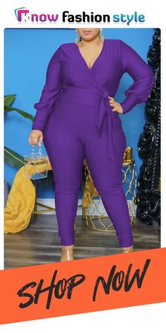 Purple Casual Solid Bandage Split Joint Fold V Neck Plus Size Jumpsuits Purple Fitted Jumpsuits And Rompers For Work, Jumpsuit Online, Plus Size Jumpsuit, Wholesale Fashion, Split, Jumpsuit, Plus Size, V Neck, Purple