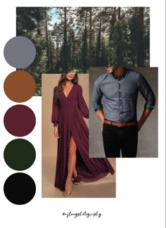 a man and woman in long dresses standing next to each other with different color palettes