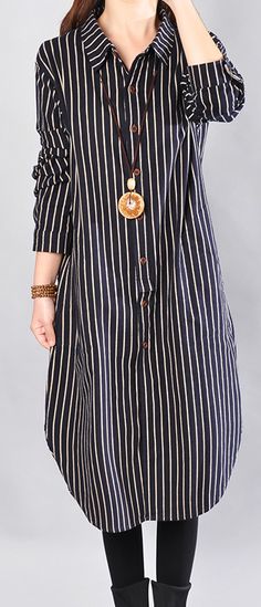 2018 black striped cotton knee dress oversized cotton clothing dress top quality long sleeve side open shirt dresses Blouse Dress Outfit, Long Shirt Women, Open Shirt, Long Kurti Designs, Kurti Designs Party Wear, Kurta Designs Women, Muslimah Fashion Outfits, Sarah Jessica, Cotton Clothing