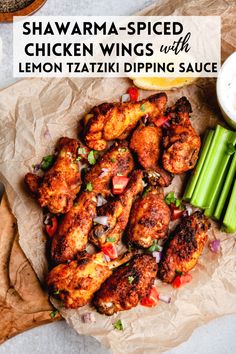 chicken wings with lemon taziki dipping sauce and celery on the side