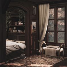 a bedroom with a bed, chair and window in it's centerpieces