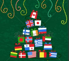 a christmas tree made out of flags and presents on a green background with the words happy new year