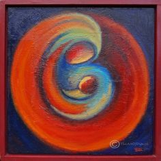 an abstract painting with red, orange and blue swirls on the bottom half of it