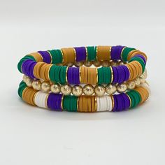 This is it!! Our most popular Mardi Gras stack bracelet sets. It can be dressed up or down for the perfect stack you are looking for all your Mardi Gras activities. This set Includes:- One Sidewalk Side bracelet - One Neutral Ground Side bracelet- One 6mm Goddess bracelet Bracelets are “one size fits most” and are designed to fit wrists up to 7.0”. Custom sizes available upon request. Please email designsby.kb@yahoo.com once your oder is placed. *Bracelets usually ship within 3-5 business days. Mardi Gras Bracelet, Mardi Gras Jewelry, Goddess Bracelet, Bracelet Inspiration, Stack Bracelet, Bracelet Sets