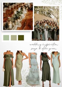 the bridesmaid dresses are all different colors and styles, but one is green