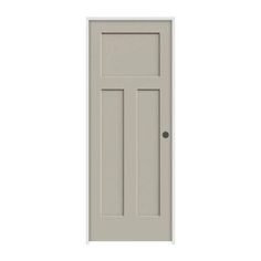 an open door on a white wall with the bottom panel painted in light gray, and the