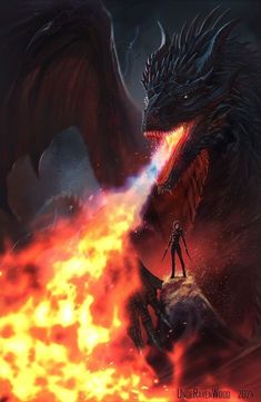 a person standing on top of a rock next to a fire breathing dragon in the sky