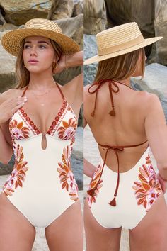 The Ornate Floral V-Neck Keyhole One-Piece showcases a beautiful floral pattern with a stylish V-neck and keyhole detail. This swimsuit offers a chic and flattering fit, perfect for a sophisticated beach or poolside look. Product code: CAA12E4E086MM Features:  V-neckline Halter and back straps Removable soft cups Medium bust support Front keyhole  Classic standard bum coverage Pattern: Ethnic/Tribal Lining: 92%POLYESTER,8%SPANDEX Material: 86%POLYESTER,14%SPANDEX. Unique Swimwear, Holiday Clothes, Boho Swimwear, Affordable Swimwear, Suit Covers, Estilo Hippie, Swimming Suit, Cute Swimsuits, Designer Swimwear