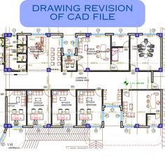 a drawing of a floor plan for a building with several rooms and an office area