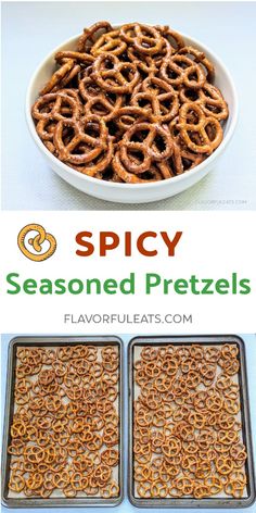 two trays filled with pretzels and the words spicy seasoned pretzels