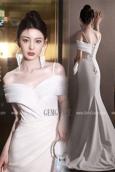 Elegant White Off Shoulder Evening Dress, Elegant White Off Shoulder Party Dress, White Evening Dress With Straight Neckline, Elegant White Off Shoulder Dress For Evening, Elegant White Off-shoulder Evening Dress, Elegant White Off-shoulder Dress, Elegant One-shoulder White Evening Dress, Elegant White Off Shoulder Dress With Sweetheart Neckline, Elegant Off Shoulder Dress With Straight Neckline For Banquet