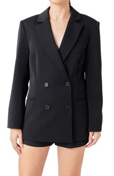 Upgrade your blazer game with this boxy double-breasted style framed by polished notched lapels. Notched lapels Lined 97% polyester, 3% spandex Hand wash, dry flat Imported Tailored Sleek Blazer Dress With Suit Collar, Structured Double Button Business Suits, Sleek Tailored Blazer Dress With Suit Collar, Chic Semi-formal Blazer With Pressed Crease, Chic Notch Lapel Blazer For Semi-formal Events, Double Breasted Suit With Lapel Collar For Office, Chic Career Suits With Notch Lapel, Tuxedo Style Blazer With Lapel Collar For Office, Office Tuxedo Blazer With Double Button Closure