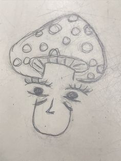 a drawing of a woman's face with a mushroom on her head and eyes