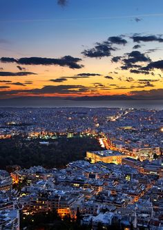 an aerial view of the city at night