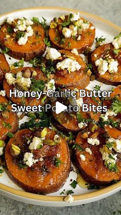 a plate full of sweet potato bites topped with feta cheese