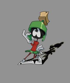 the shadow of a cartoon character on a gray background with a green hat and red shirt