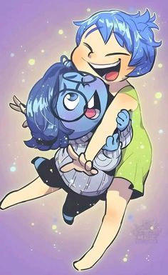 a cartoon character hugging another character with blue hair and green shirt, on purple background