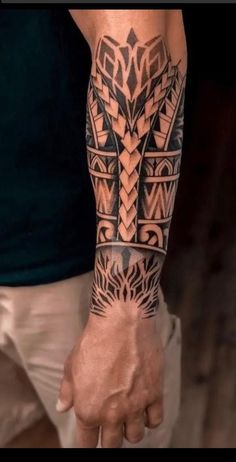 a man's arm with an intricate tattoo design on his left forearm and hand