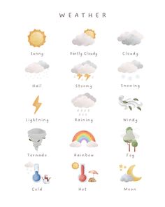 Boho style weather print for toddlers and kids, realistic watercolor illustrations Montessori Illustration, Montessori Nursery, Weather Chart, Weather Print, Baby Playroom, Montessori Room, Realistic Watercolor, Toddler Playroom