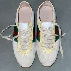 Gucci Suede Sneakers. Great Condition. Very Minimal Signs Of Wear (One Small Spot At The Bottom Of The Left Edge). Comes In Original Box And With Original Travel Bags. Gucci Casual Cream Sneakers, Casual Gucci Cream Sneakers, Casual Cream Gucci Sneakers, Gucci Low-top Cream Sneakers, Gucci Cream Low-top Sneakers, Gucci Beige Low-top Sneakers, Shoes Gucci, Suede Sneakers, Gucci Shoes