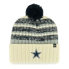 a white and black hat with a star on the front, two tone knit beanie