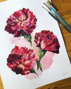 some red flowers are sitting on a piece of paper next to watercolor pencils