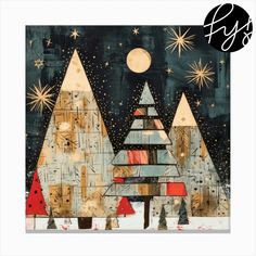 an image of a christmas card with trees in the snow and stars on the sky