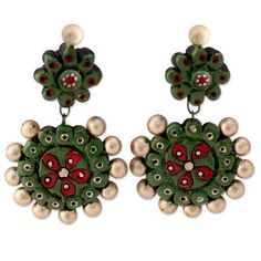 Woodland blossoms are dazzling in these handmade earrings from Ritu Thapar in India. The earrings are crafted from double-fired terracotta ceramic and painted by hand with floral motifs in green gold and red. The earrings feature sterling silver posts and clasps..925 Sterling silver Handmade Flower Earrings For Festive Occasions, Artisan Hand-painted Clay Jewelry, Bohemian Dangle Clay Jewelry, Hand Painted Earrings For Festivals, Hand Painted Earrings For Gift And Festivals, Green Dangle Clay Earrings, Traditional Hand Painted Dangle Earrings, Hand Painted Clay Dangle Earrings, Artisan Polymer Clay Dangle Earrings