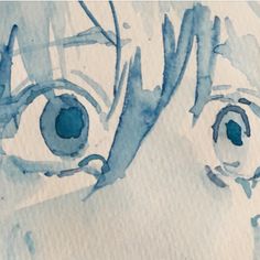 a drawing of an eye with blue watercolors on the eyes and in front of it