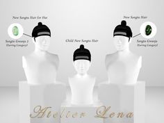 three white mannequins with different types of hats