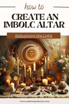 a table topped with candles and vases next to a painting on the wall that says, how to create an imbolc altar welcoming the light