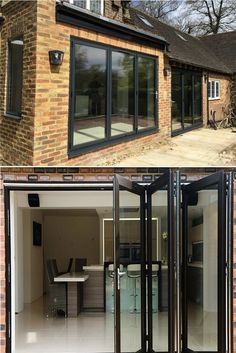 an open garage door showing the inside and outside of it, with glass sliding doors on both sides