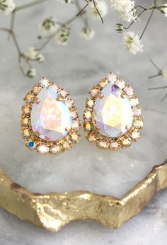 Bridal Crystal Stud Earrings AB Swarovski Crystal Stud | Etsy Clip-on Teardrop Earrings For Party, White Teardrop Cluster Earrings For Party, Pear-shaped Earrings For Party With Pierced Ears, Party Pear-shaped Earrings For Pierced Ears, Party Teardrop Clip-on Earrings, Party Pear-shaped Earrings, Party Clip-on Teardrop Earrings, Bridal Roses, Glam Wedding