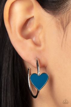 ​Kiss Up - Blue Heart - Silver Hoop Earrings - Paparazzi Accessories - A charming Mykonos Blue heart adorns the front of a classic silver hoop resulting in a whimsical fashion. Earring attaches to a standard post fitting. Hoop measures approximately 1 1/4 in diameter. Sold as one pair of hoop fashion earrings. Blue Heart Earrings, Mykonos Blue, Southern Charms, 1st Dibs, Stay Blessed, Heart Hoop Earrings, Yellow Earrings, Whimsical Fashion, Paparazzi Accessories