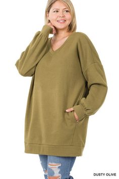 Oversized Longline Sweatshirt in Plus Size Plus Size Wardrobe, V Neck Design, Embellished Sweatshirts, Olive Color, Sweatshirt Dress, Staple Pieces, Everyday Wardrobe, Long A Line, Neck Designs