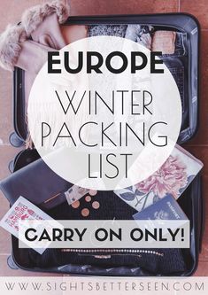 an open suitcase with the words europe winter packing list carry on only in black and white