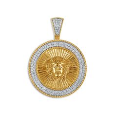 10KT Yellow Gold 1-1/2 CTW Round Diamond 35MM Medal Pendant-Chain Not Included Symbolic Diamond Accents Pendant Jewelry, Gold Jewelry With Diamond Accents, Symbolic Pendant Jewelry With Diamond Accents, Symbolic Jewelry With Large Medallion Pendant, Spiritual Round Jewelry With Diamond Accents, Spiritual Coin Charm Jewelry, Spiritual Coin-shaped Charms Jewelry, Spiritual Coin Charms Jewelry, White Gold Medallion Jewelry With 17 Jewels