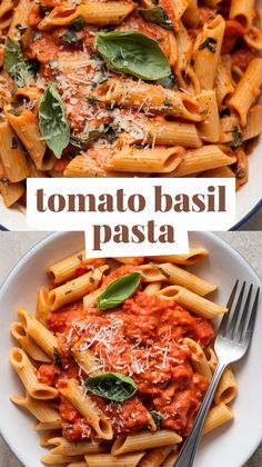 two plates of pasta with tomato sauce and spinach on top, one has basil leaves