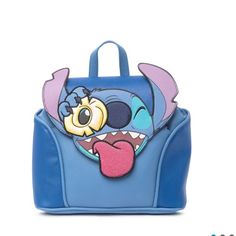 a blue backpack with an angry face on it