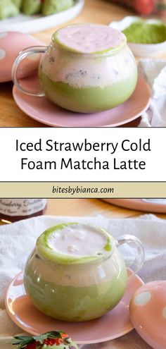 an iced strawberry cold foam matcha latte is served on pink plates with strawberries