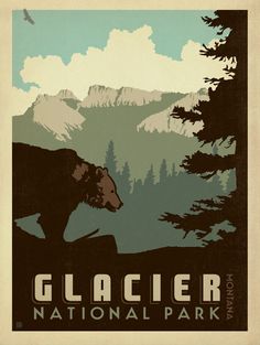 a bear walking across a forest covered in snow next to trees and mountains with the words glacier national park on it