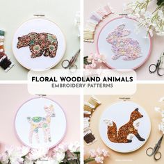 floral woodland animals embroidery patterns are featured in four different pictures, including flowers and scissors