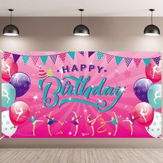 a happy birthday party scene with balloons and streamers on a pink background wall mural