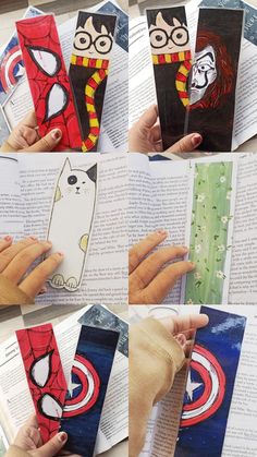 handmade bookmarks made with children's books and paper, featuring captain america