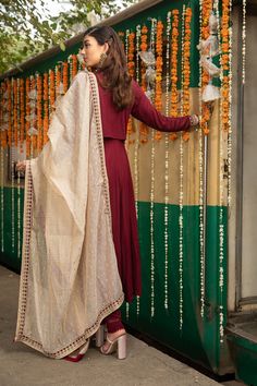 Maroon Suit, Jacket and long linen Frock 4 PieceFrock fabric: LinenTrouser fabric: LinenDupatta fabric: Cotton WeavedEmbroidered jacket with long linen frock and cotton weaved dupatta. Festive Linen Dupatta With Zari Work, Linen Dupatta For Wedding And Festivals, Festive Linen Dupatta With Traditional Drape, Maroon Frock Design, Maroon Kurti Combination Dupatta, Maroon Dupatta Designs, Maroon Suit Jacket, Maroon Pakistani Suit, Maroon Kurti