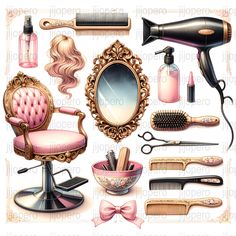 a set of hairdressers, combs, and other items are depicted in this illustration