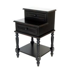 two black nightstand tables with drawers on each side