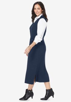 Meet our fabulous sleeveless sweater dress which is our take on the classic sweater vest silhouette you know and love! An optional self-tie belt gives it an Sweater Vest Dress, Work Belt, Belted Sweater, Sleeveless Sweater Dress, Classic Sweater, Dress With Belt, Swimsuits For All, Sleeveless Sweater, Poplin Shirt