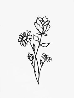 a black and white drawing of flowers on a white background with one single flower in the foreground