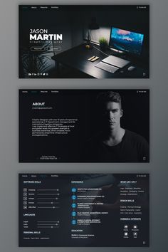 two different webpages with dark colors and black accents, each displaying a man's profile